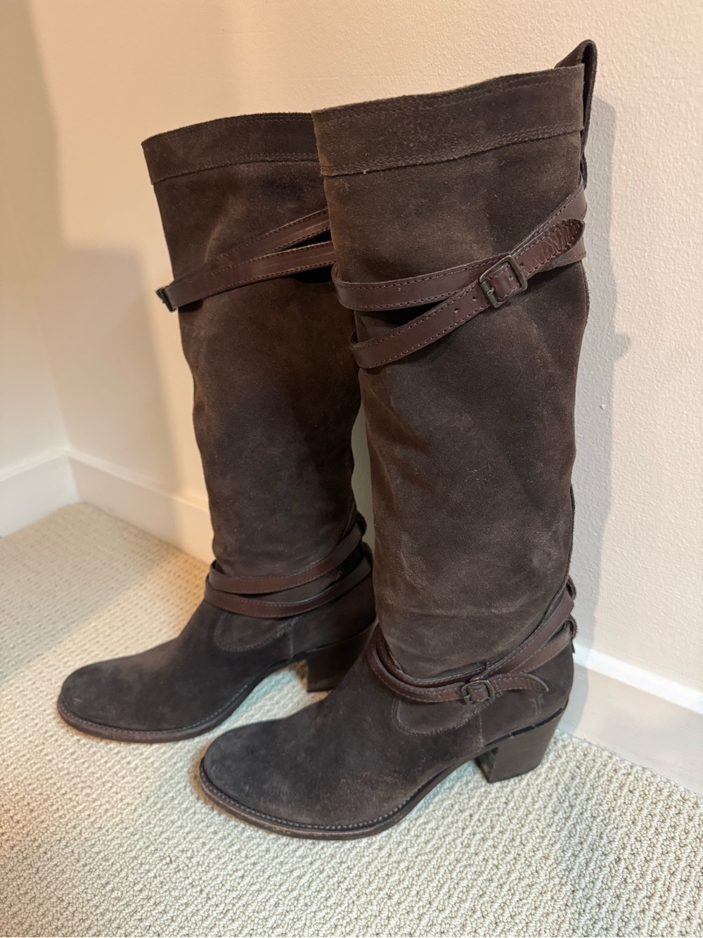 Frye Jane Tall Suede Boots strappy slouch boots -Chocolate Brown
